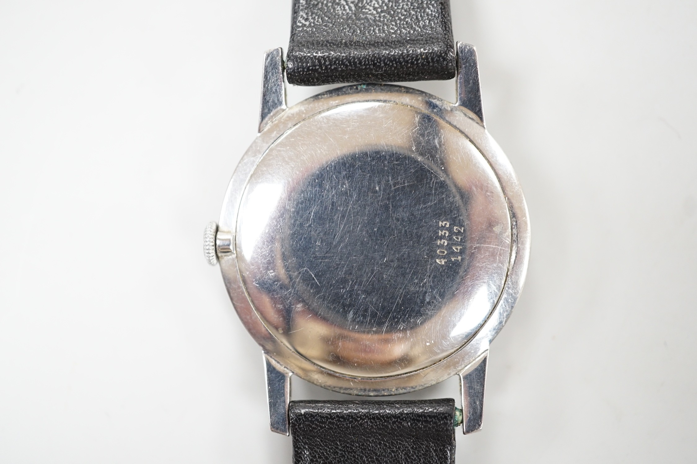A gentleman's steel Favre Leuba manual wind dress wrist watch, case diameter 34mm, on associated leather strap.